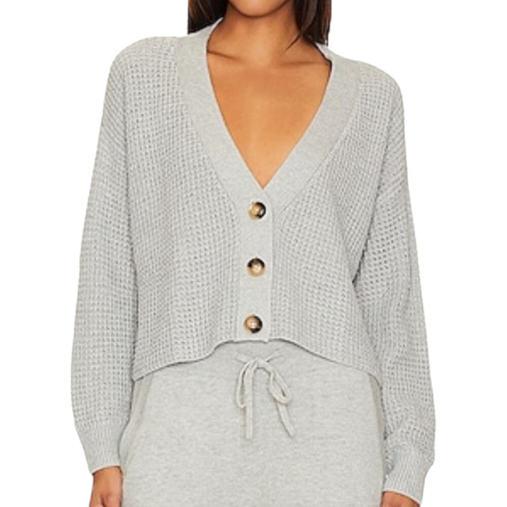 Women Eberjey Cropped Cardigan Sweater Heather Grey Waffle Knit Button Closure S
